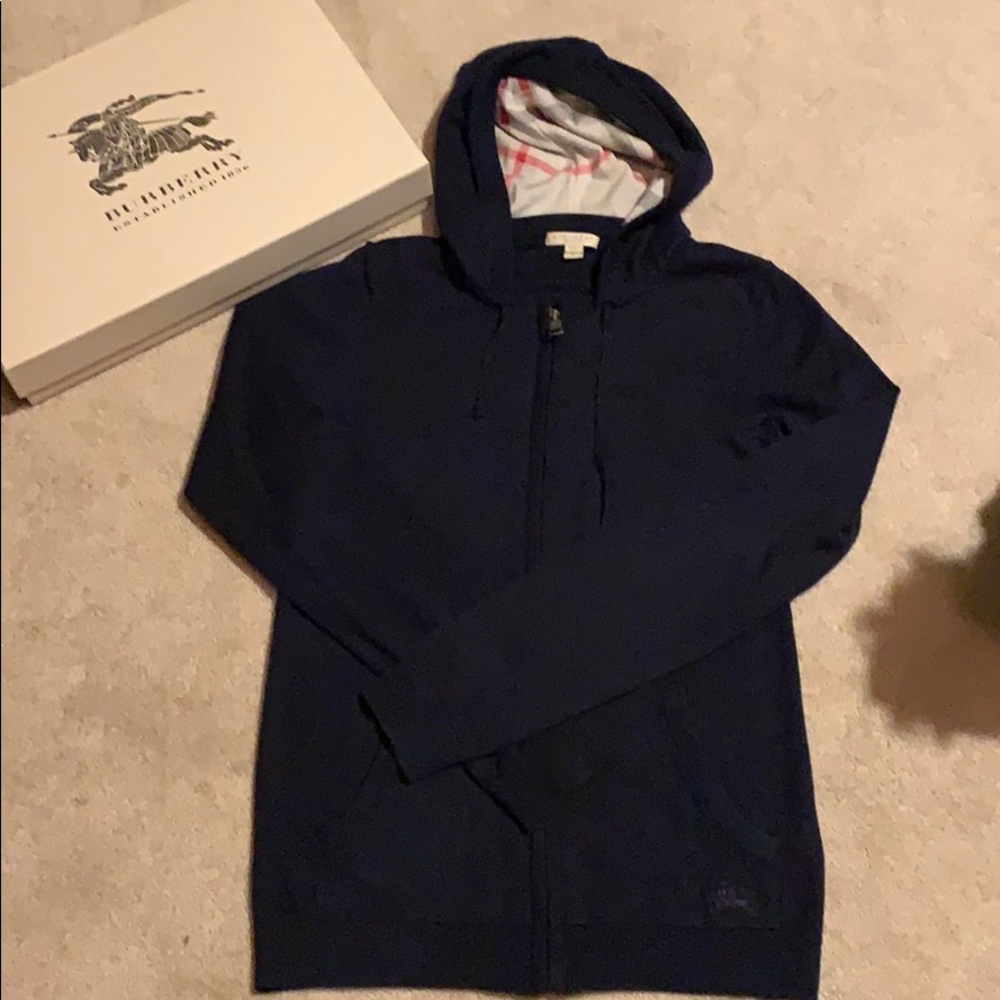 Burberry Navy Blue zip up sweater cardigan w/hood